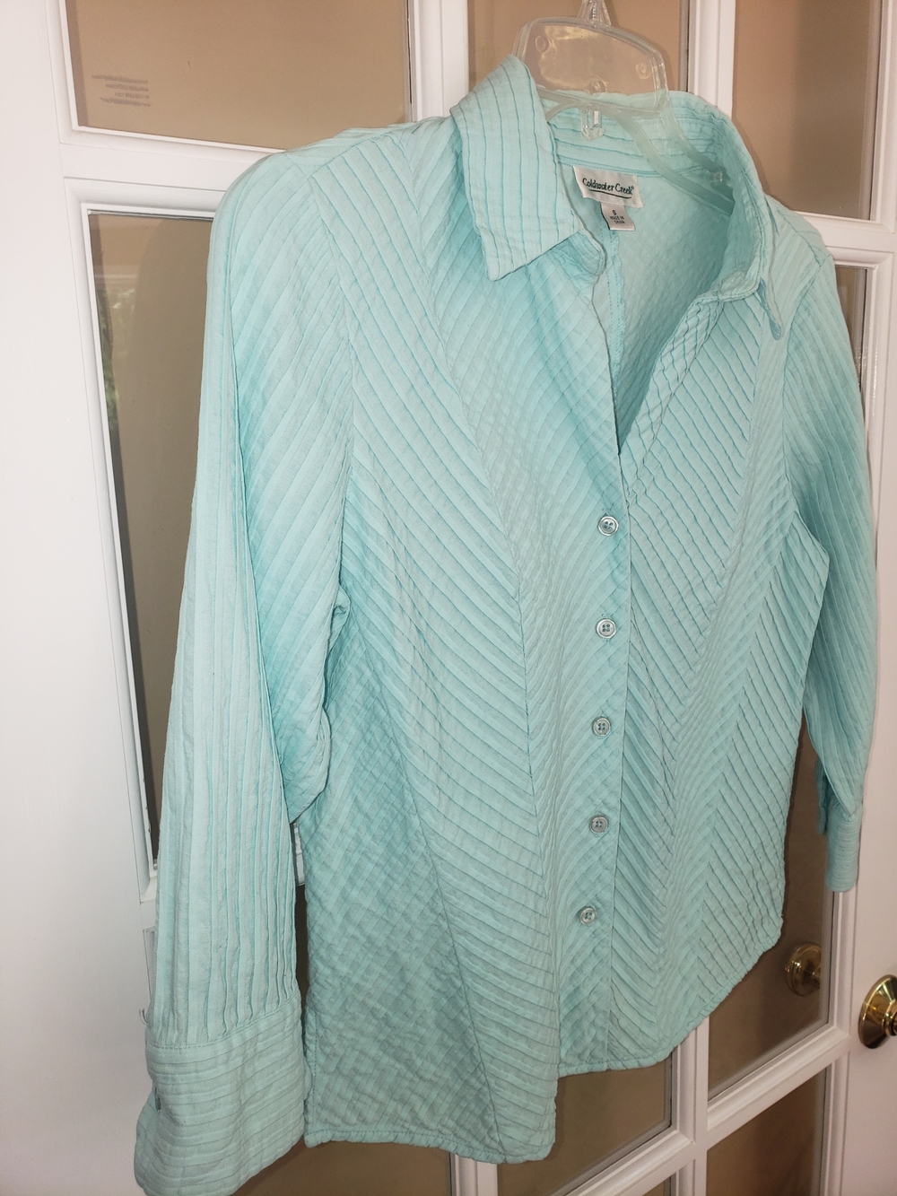 Coldwater Creek Light Torquoise Chevron-Textured Button Down Blouse Size: S